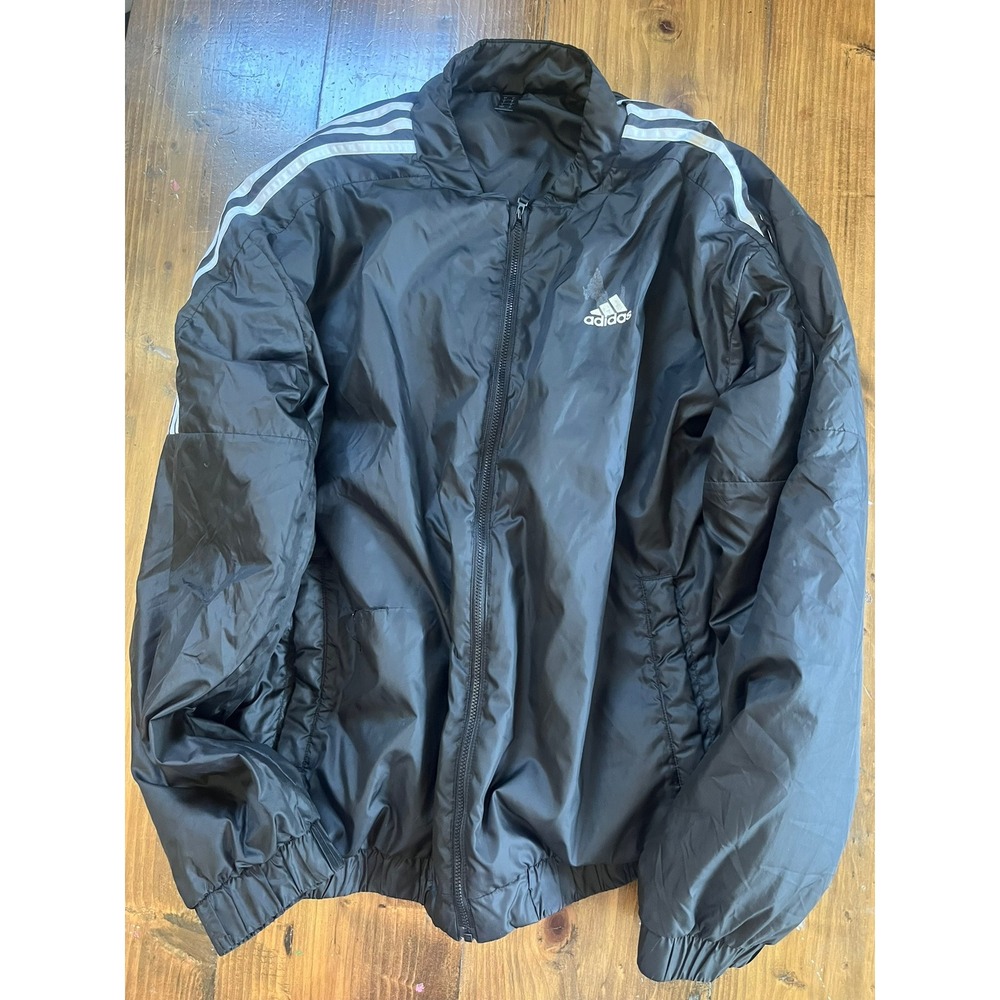 Adidas Mens Black 3-Stripe Full Zip Windbreaker Jacket Large Mock Neck Athletic